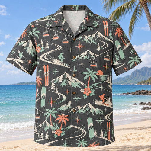 Front view of Atomic Motion Ski and Snowboard Hawaiian Shirt with original atomic starbursts and curved motion paths around plain skis, unbranded snowboards, chairlifts and snow peaks