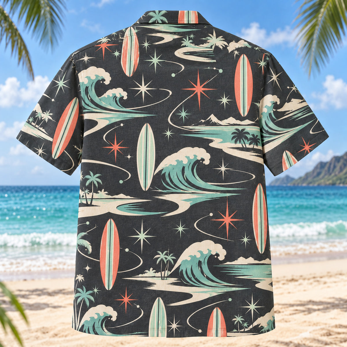 Back view of Atomic Motion Surfing Hawaiian Shirt with matching surfing artwork in charcoal, mint, coral, ivory