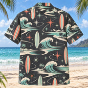 Back view of Atomic Motion Surfing Hawaiian Shirt with matching surfing artwork in charcoal, mint, coral, ivory