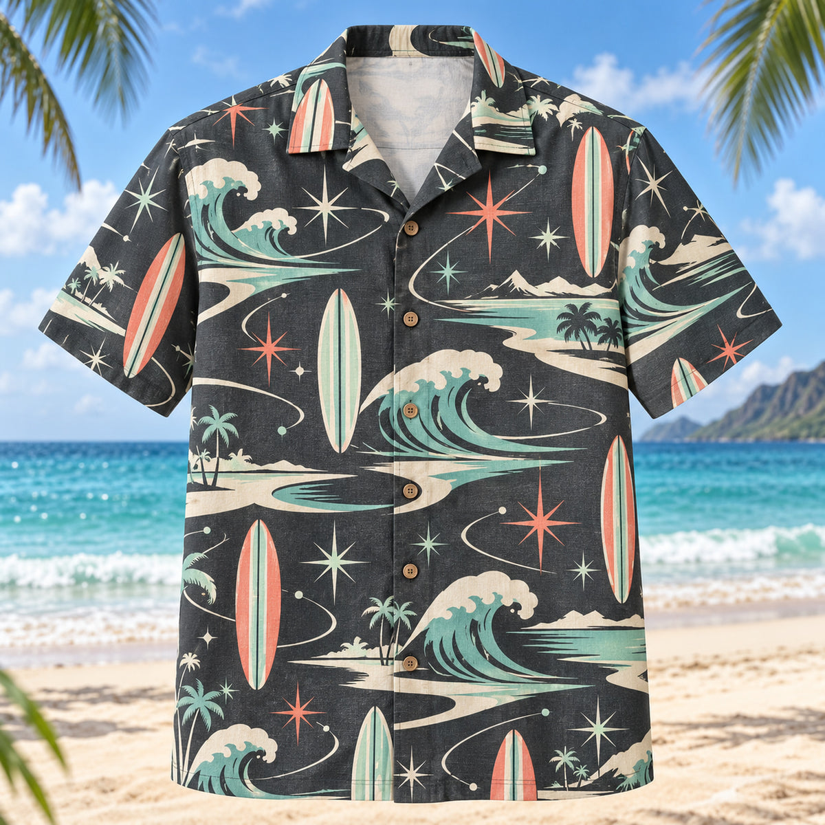 Front view of Atomic Motion Surfing Hawaiian Shirt with original atomic starbursts and curved motion paths around unbranded surfboards, rolling waves and curved shorelines