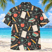 Back view of Atomic Motion Teacher Hawaiian Shirt with matching teacher artwork in charcoal, mint, coral, ivory