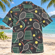 Back view of Atomic Motion Tennis Hawaiian Shirt with matching tennis artwork in charcoal, mint, coral, ivory