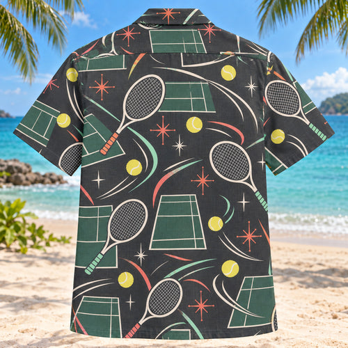 Back view of Atomic Motion Tennis Hawaiian Shirt with matching tennis artwork in charcoal, mint, coral, ivory