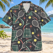 Front view of Atomic Motion Tennis Hawaiian Shirt with original atomic starbursts and curved motion paths around unbranded tennis rackets, fuzzy yellow balls and tennis court linework