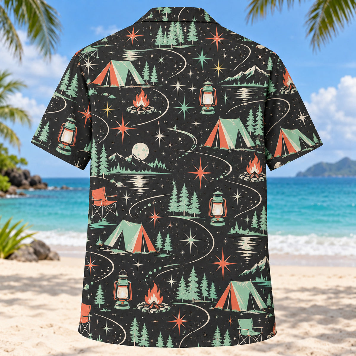 Back view of Atomic Motion Tent Camping Hawaiian Shirt with matching tent camping artwork in charcoal, mint, coral, ivory