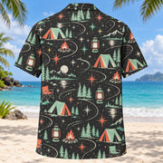 Back view of Atomic Motion Tent Camping Hawaiian Shirt with matching tent camping artwork in charcoal, mint, coral, ivory