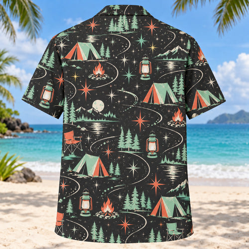 Back view of Atomic Motion Tent Camping Hawaiian Shirt with matching tent camping artwork in charcoal, mint, coral, ivory