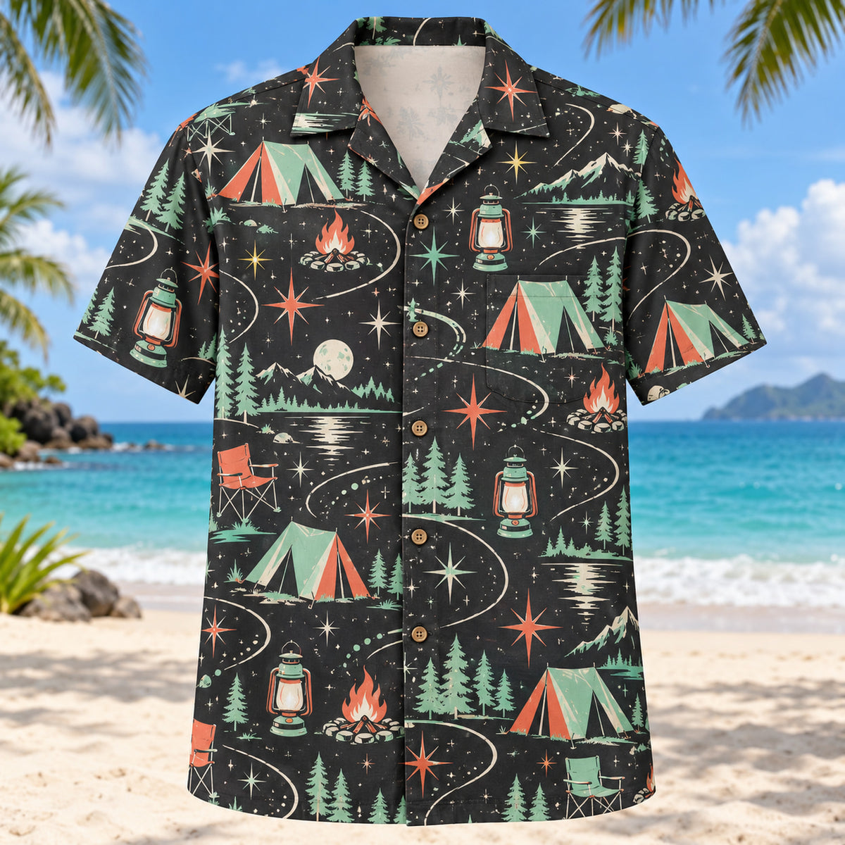 Front view of Atomic Motion Tent Camping Hawaiian Shirt with original atomic starbursts and curved motion paths around generic tents, camp lanterns, campfires, chairs and woodland night skies