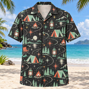 Front view of Atomic Motion Tent Camping Hawaiian Shirt with original atomic starbursts and curved motion paths around generic tents, camp lanterns, campfires, chairs and woodland night skies