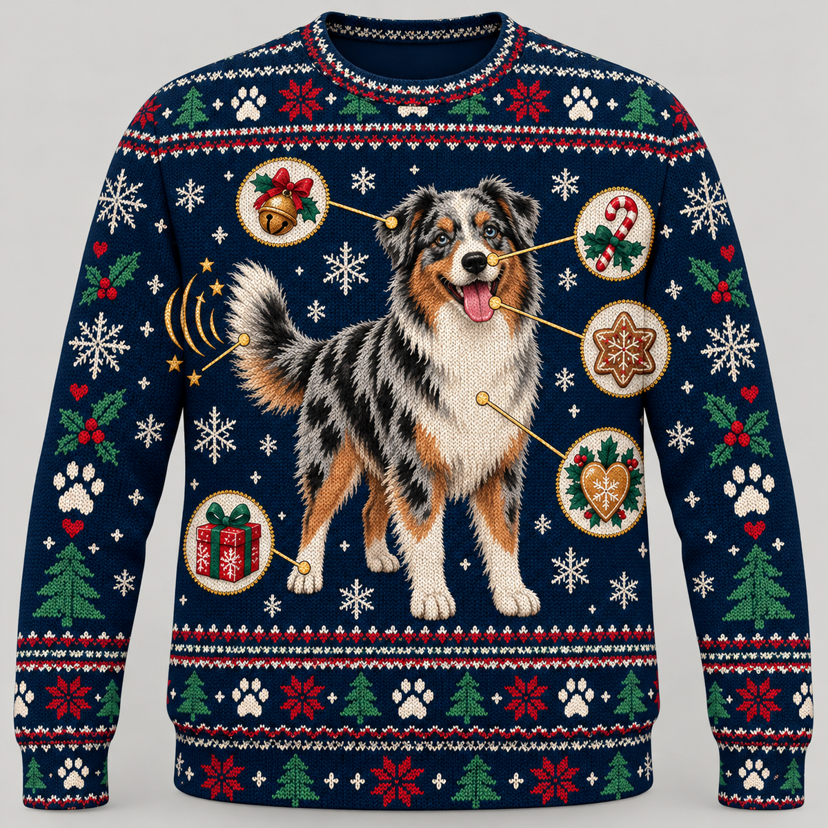 Australian Shepherd Christmas Ugly Sweater festive anatomy front