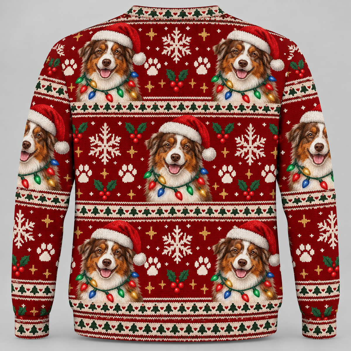 Australian Shepherd Christmas Ugly Sweater Santa lights back