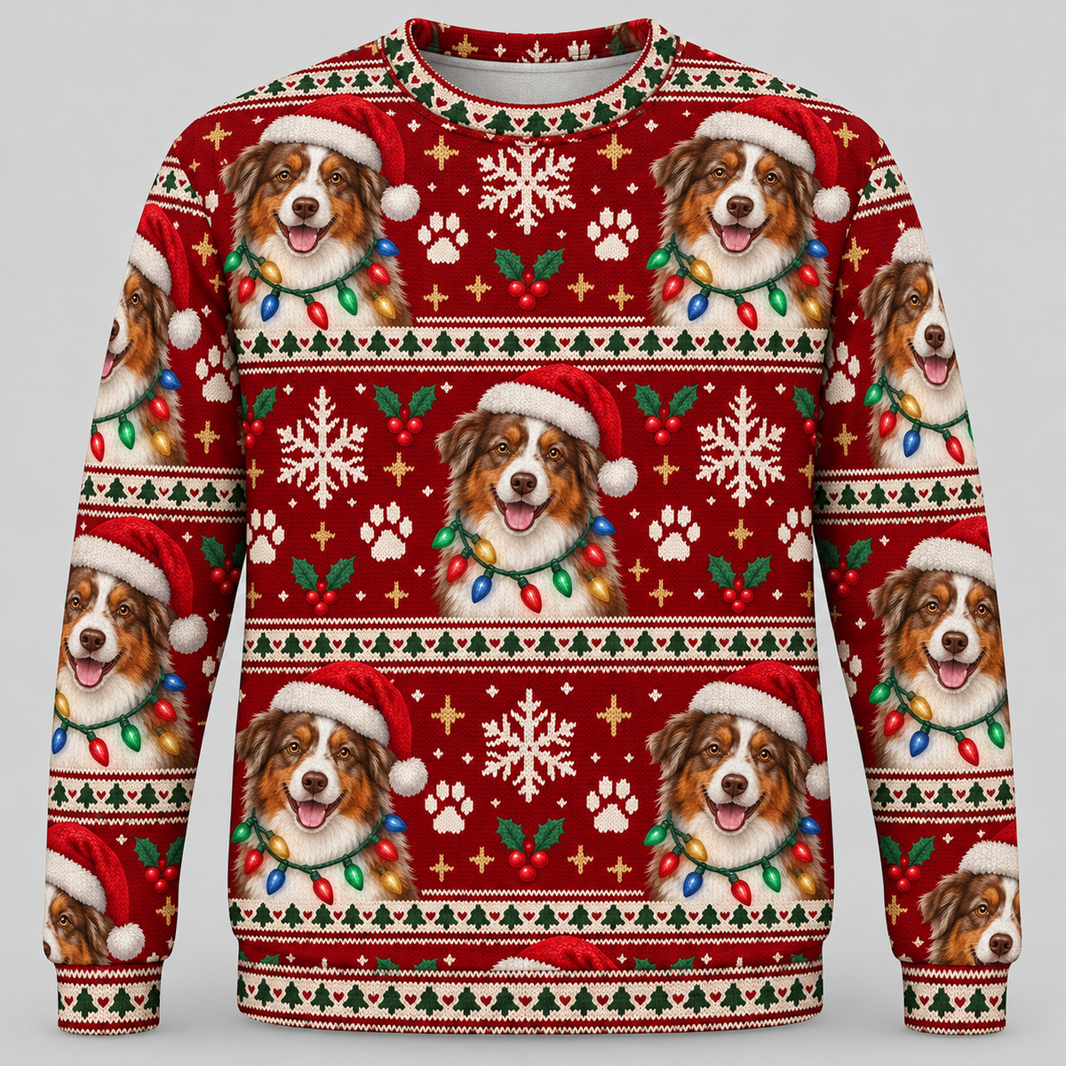 Australian Shepherd Christmas Ugly Sweater Santa lights front