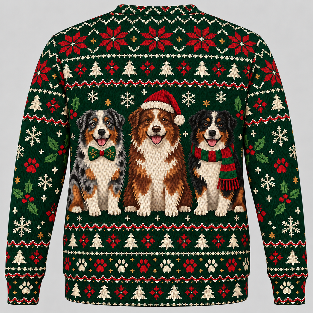 Australian Shepherd Christmas Ugly Sweater holiday trio back