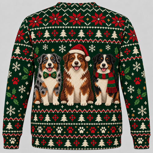 Australian Shepherd Christmas Ugly Sweater holiday trio back