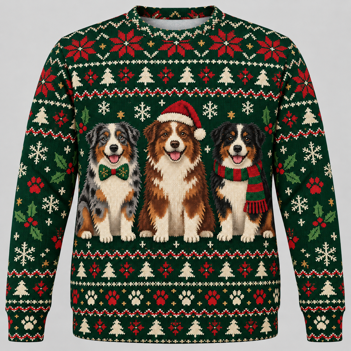 Australian Shepherd Christmas Ugly Sweater holiday trio front