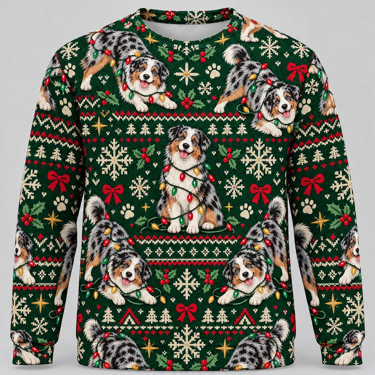 Australian Shepherd Christmas Ugly Sweater holiday lights front