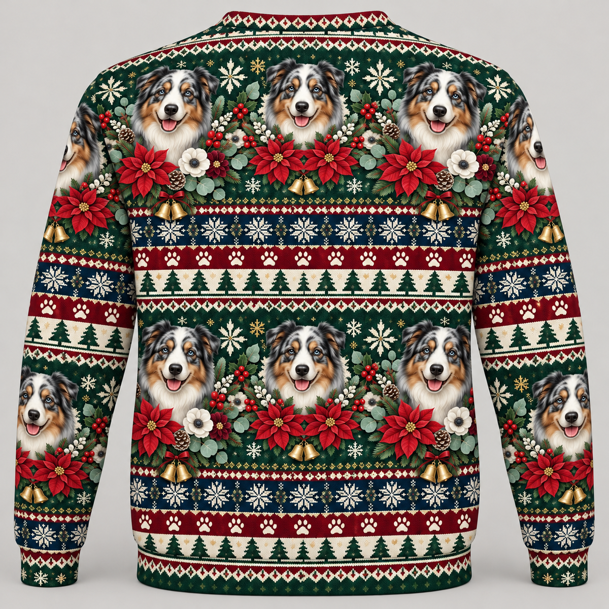 Australian Shepherd Christmas Ugly Sweater poinsettia back