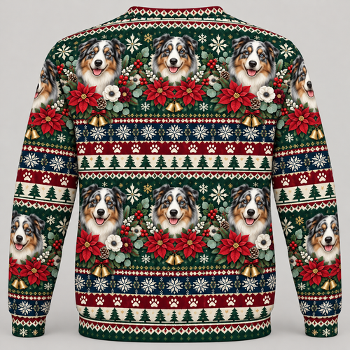 Australian Shepherd Christmas Ugly Sweater poinsettia back