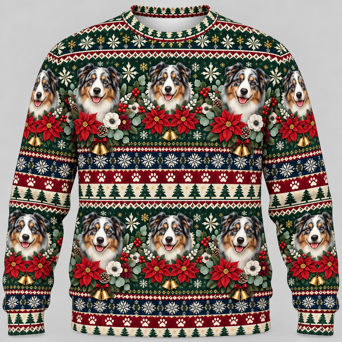Australian Shepherd Christmas Ugly Sweater poinsettia front
