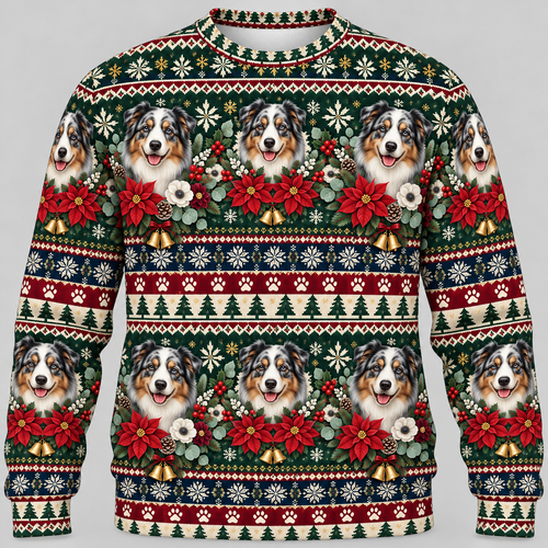Australian Shepherd Christmas Ugly Sweater poinsettia front