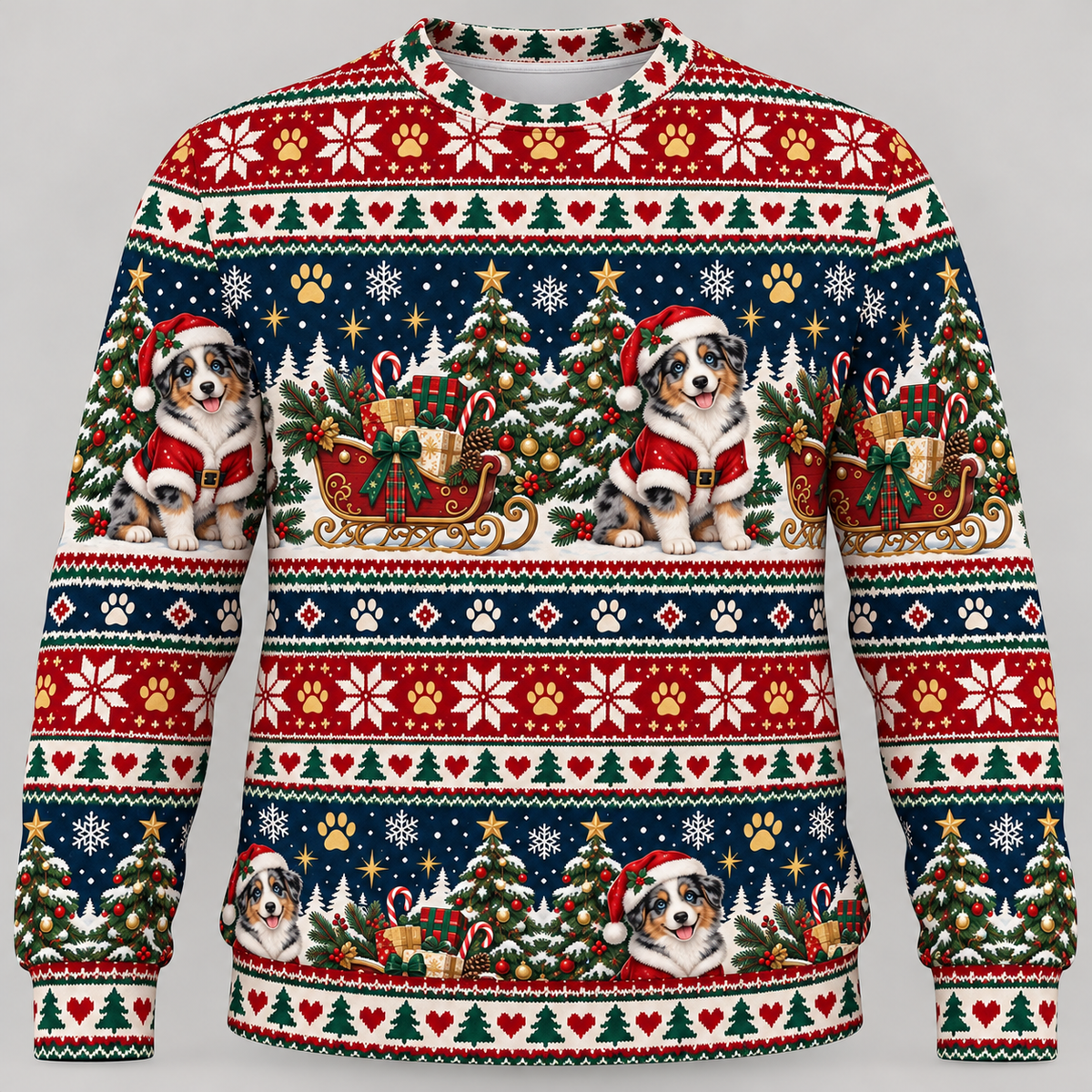 Australian Shepherd Christmas Ugly Sweater Santa sleigh front