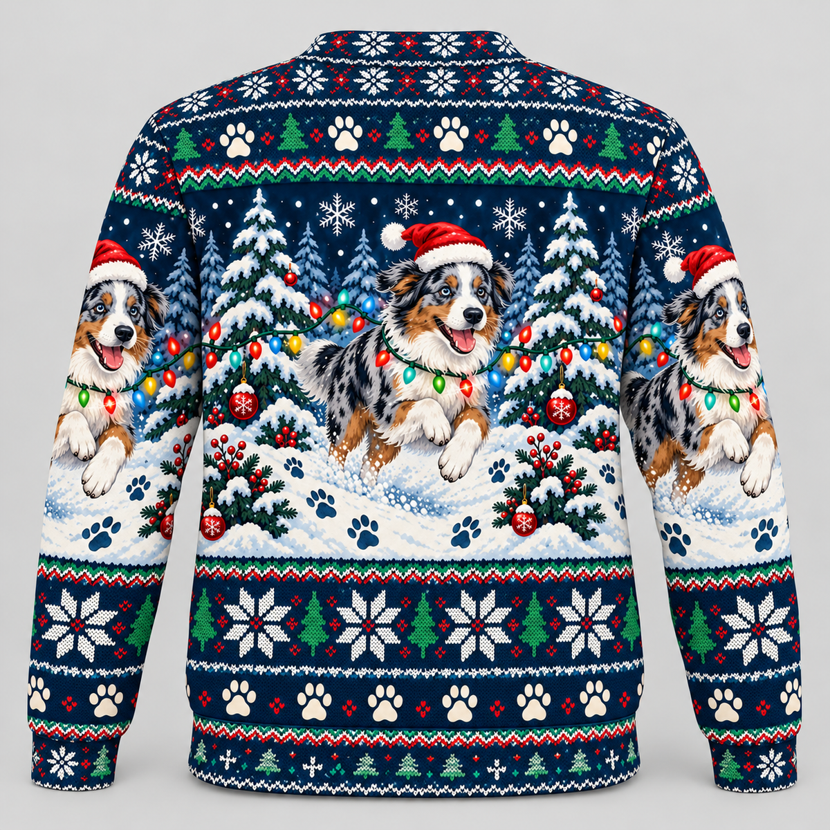 Australian Shepherd Christmas Ugly Sweater snow run back