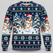 Australian Shepherd Christmas Ugly Sweater snow run front