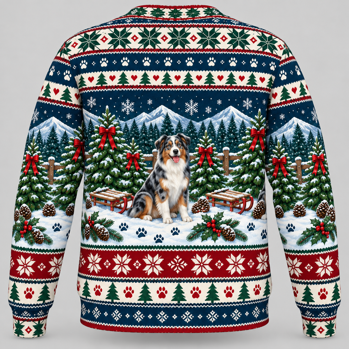 Australian Shepherd Christmas Ugly Sweater tree farm back