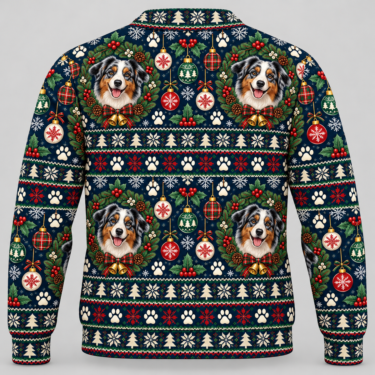 Australian Shepherd Christmas Ugly Sweater holiday wreath back