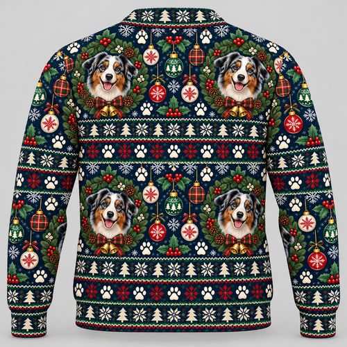 Australian Shepherd Christmas Ugly Sweater holiday wreath back