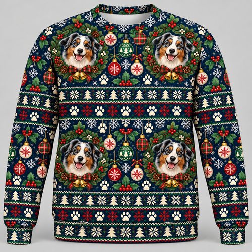 Australian Shepherd Christmas Ugly Sweater holiday wreath front