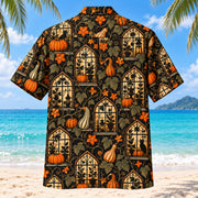 Back view of Autumn Greenhouse Adult Halloween Hawaiian Shirt with matching artwork in black, pumpkin orange, cream