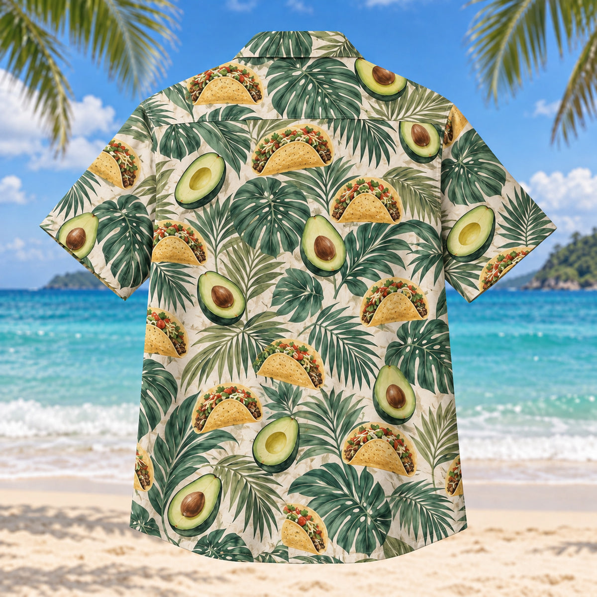 Back view of Avocado Palm Taco Hawaiian Shirt with matching artwork in sage, emerald, sand