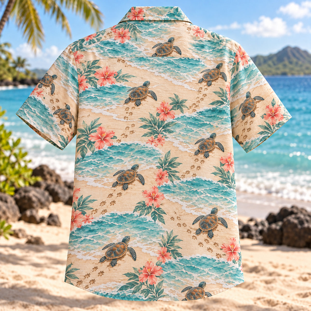 Back view of Baby Turtle Beach Sea Turtle Hawaiian Shirt with matching artwork in sand, aqua, coral