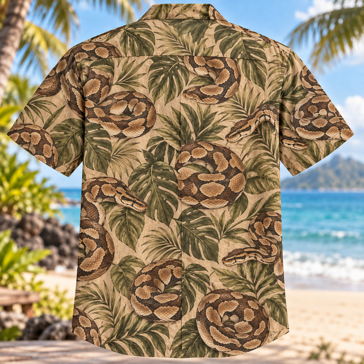 Back view of Ball Python Botanical Reptile Hawaiian Shirt with matching artwork in tan, brown, olive