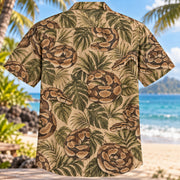 Back view of Ball Python Botanical Reptile Hawaiian Shirt with matching artwork in tan, brown, olive