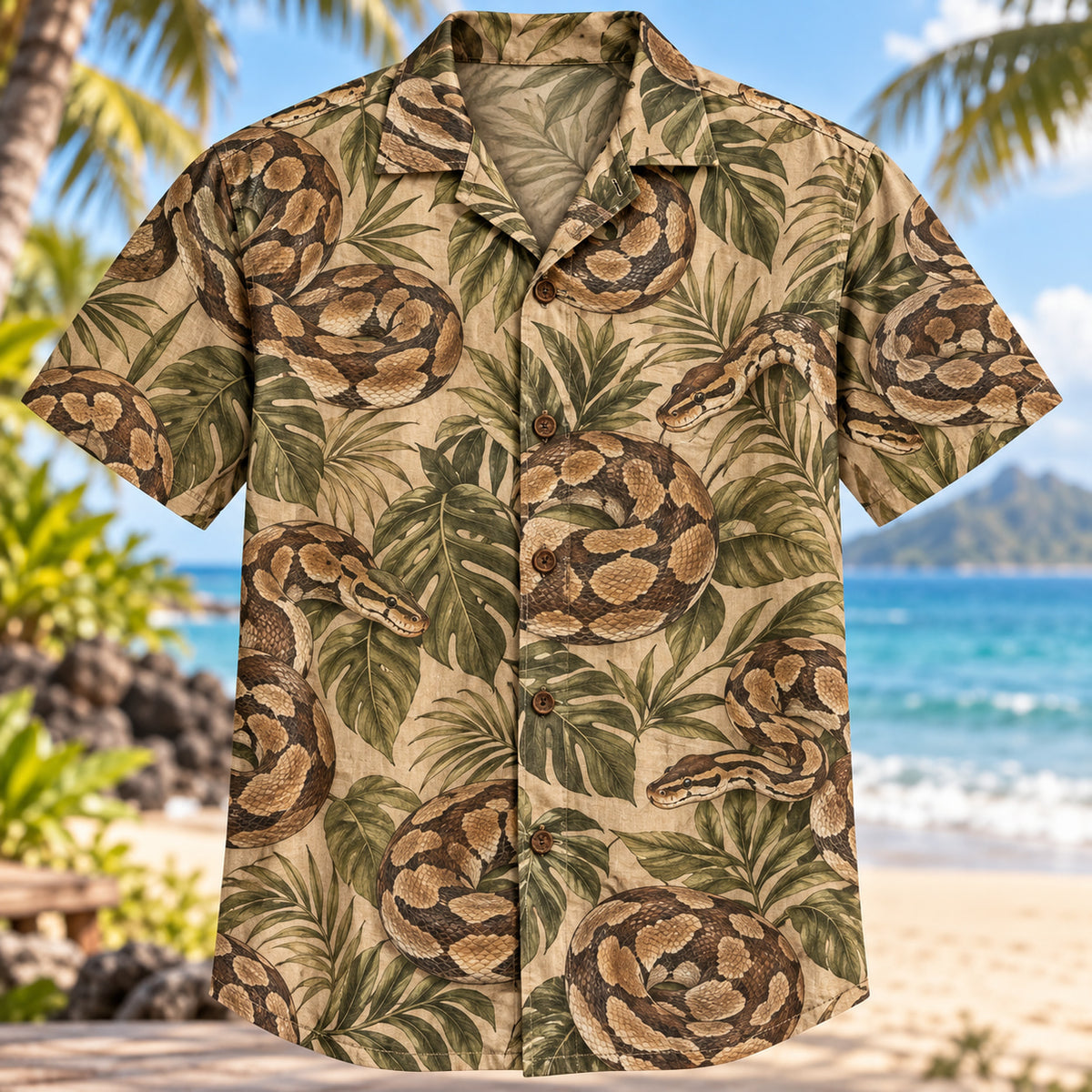 Front view of Ball Python Botanical Reptile Hawaiian Shirt with ball pythons coiled among botanical leaves