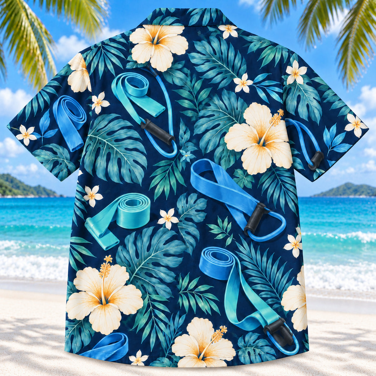 Back view of Band Botanical Navy Physical Therapist Hawaiian Shirt on a Hawaiian beach with fine white sand