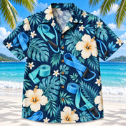 Front view of Band Botanical Navy Physical Therapist Hawaiian Shirt on a Hawaiian beach with fine white sand