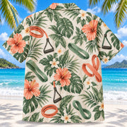 Back view of Band Botanical Sage Physical Therapist Hawaiian Shirt on a Hawaiian beach with fine white sand