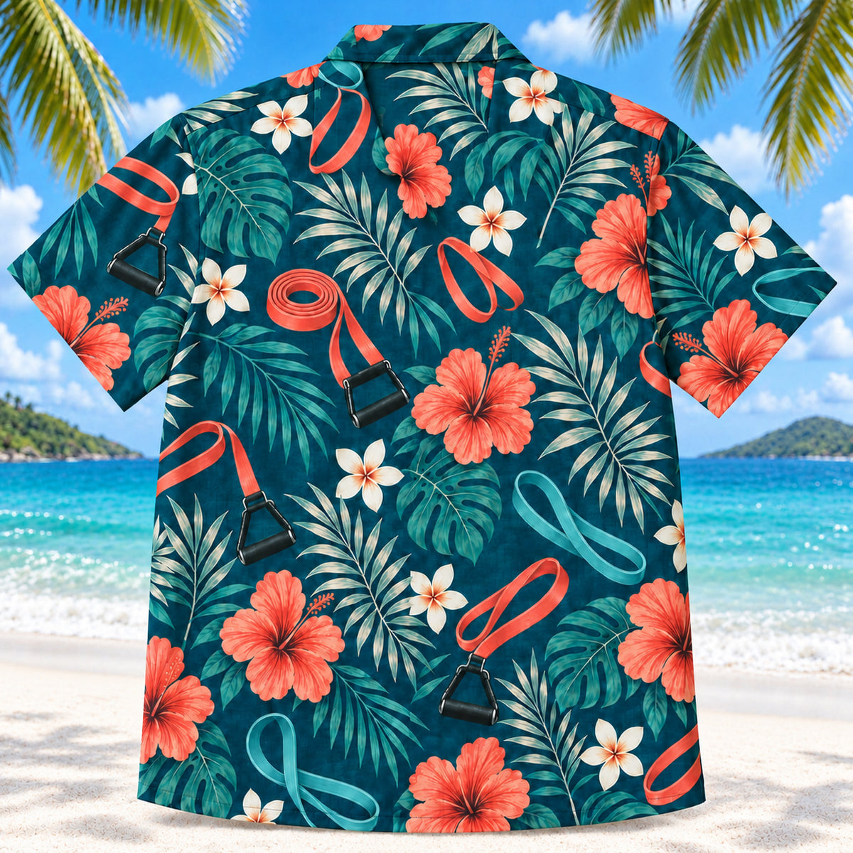 Back view of Band Botanical Teal Physical Therapist Hawaiian Shirt on a Hawaiian beach with fine white sand