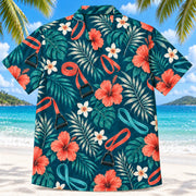Back view of Band Botanical Teal Physical Therapist Hawaiian Shirt on a Hawaiian beach with fine white sand
