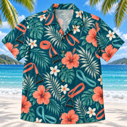 Front view of Band Botanical Teal Physical Therapist Hawaiian Shirt on a Hawaiian beach with fine white sand
