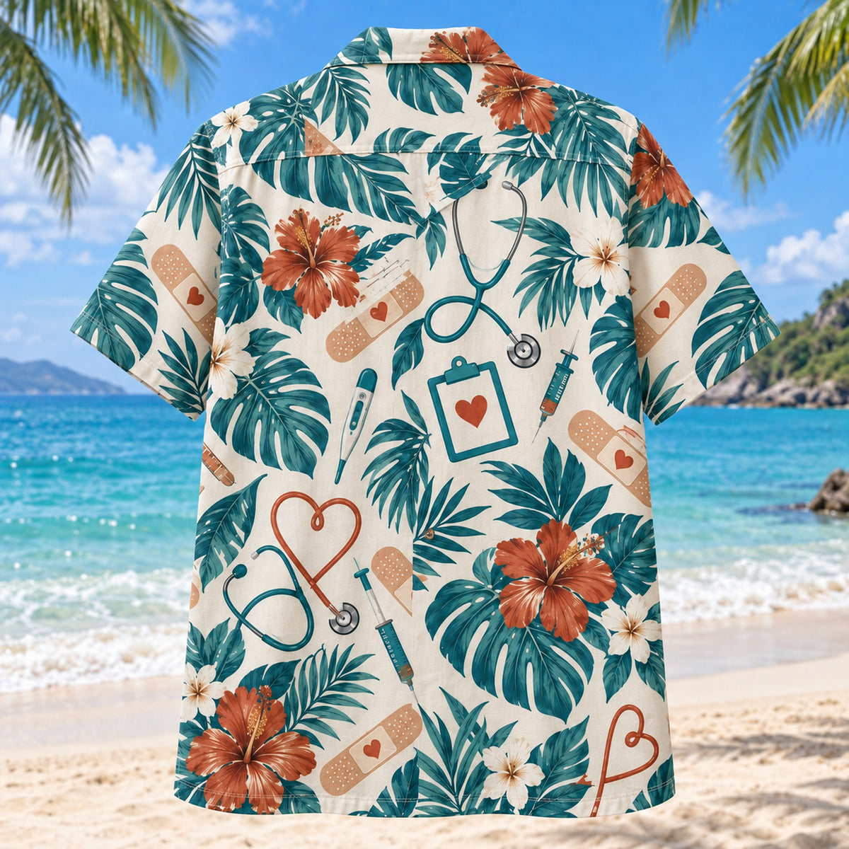 Back view of Bandage Nurse Hawaiian Shirt with matching artwork in teal, ivory, rust