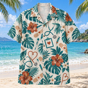 Front view of Bandage Nurse Hawaiian Shirt with original bandage motifs, with tropical botanical accents; no text or branded equipment