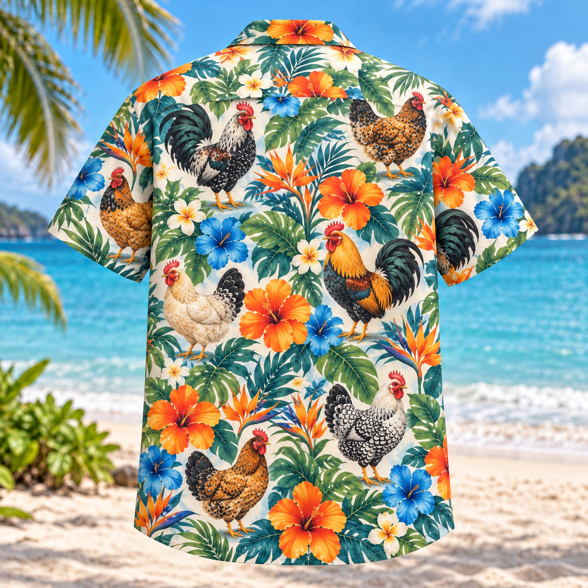 Back view of Bantam Bloom Chicken Hawaiian Shirt with matching artwork in orange, blue, green
