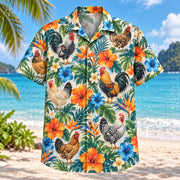 Front view of Bantam Bloom Chicken Hawaiian Shirt with colorful bantam chickens among tropical flowers