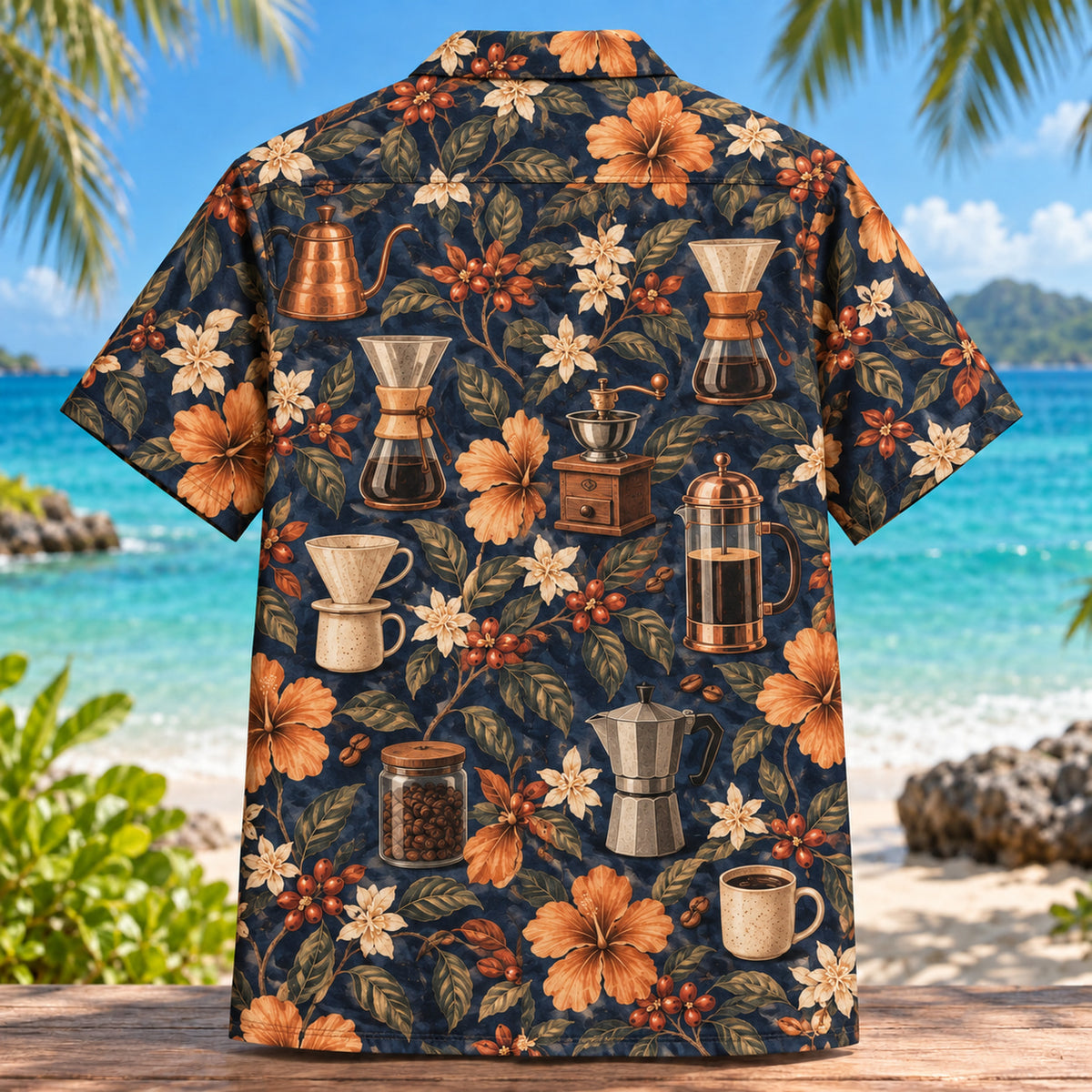 Back view of Barista Tools Specialty Coffee Hawaiian Shirt with matching artwork in navy, copper, cream
