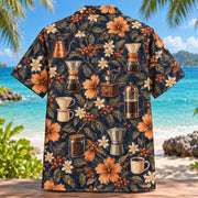 Back view of Barista Tools Specialty Coffee Hawaiian Shirt with matching artwork in navy, copper, cream