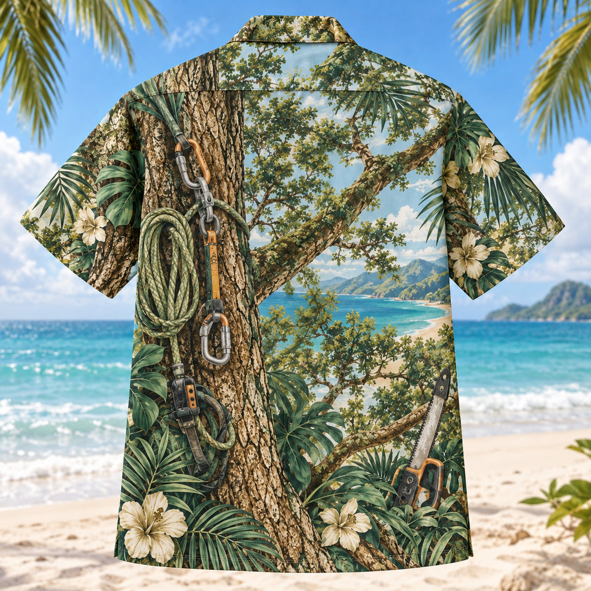 Back view of Bark Texture Arborist Hawaiian Shirt with matching artwork in moss, aqua, sand